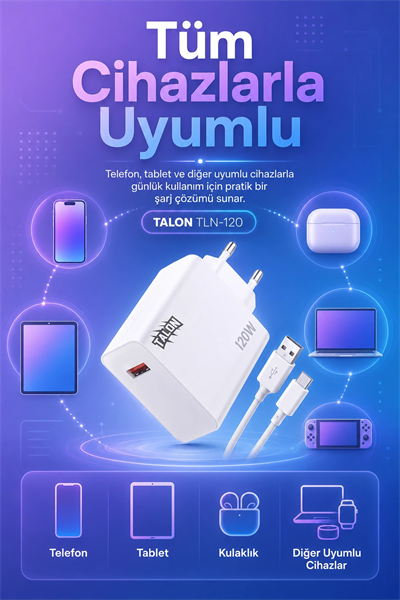 Akıllı Çip Korumalı 120W Hızlı Şarj Cihazı Kablo Dahil Güvenli Dolum Seti