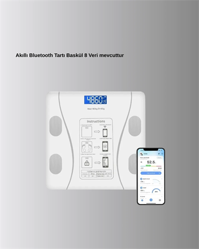 Akıllı Dijital Baskül – Bluetooth Bağlantılı, 8 Ölçüm Verili, Akıllı Vücut Analiz Tartısı