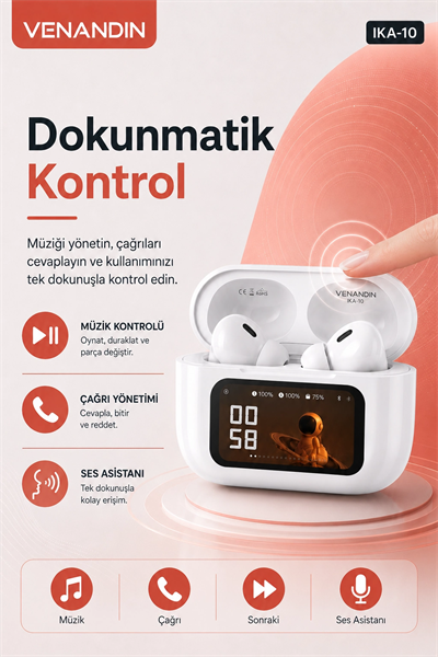 Akıllı Ekranlı Şarj Kutusuna Sahip Kablosuz Kulaklık Kulak İçi Stereo Ses Özellikli