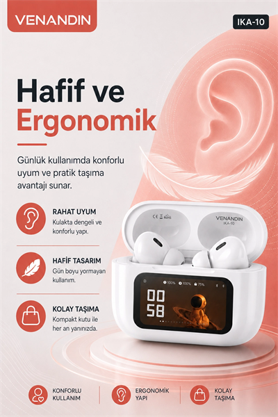 Akıllı Ekranlı Şarj Kutusuna Sahip Kablosuz Kulaklık Kulak İçi Stereo Ses Özellikli