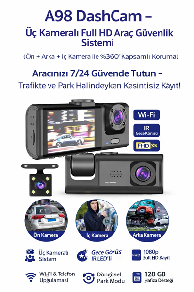 Akıllı Full HD 3 Kameralı Araç İçi Güvenlik Kamerası Ön-Arka-İç Kayıt, Park Modu