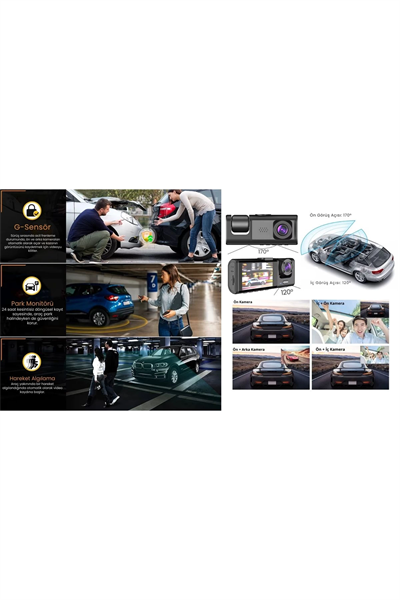 Akıllı Full HD 3 Kameralı Araç İçi Güvenlik Kamerası Ön-Arka-İç Kayıt, Park Modu