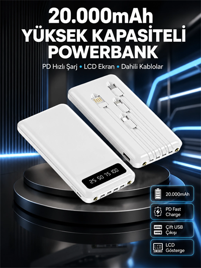 Akıllı LCD Ekranlı 20.000mAh Powerbank PD + USB + Type-C Yeni Nesil