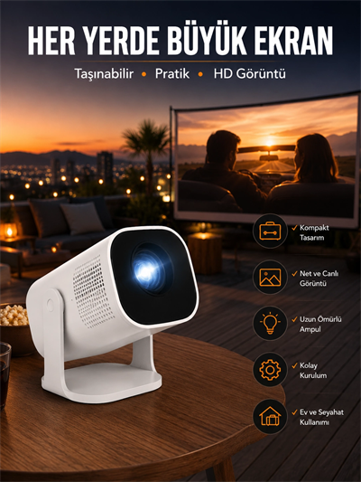 Akıllı Projeksiyon Powerbankli Taşınabilir Sinema Projektörü 4k HD Kaliteli Yeni Nesil