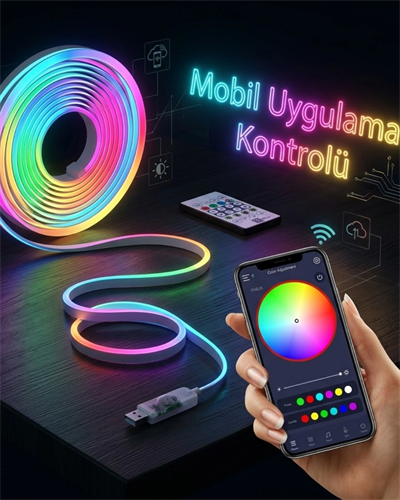 Akıllı RGB LED Neon Şerit Işık 3M USB Bağlantılı Uzaktan Kumanda ve Mobil Uygulama Kontrolü