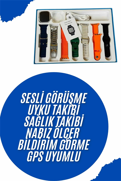 Akıllı Saat 7 Kordon Hediyeli Takvim Alarm Nabız Ölçer Bildirim Görme Sesli Görüşme