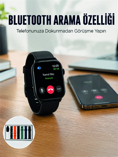 Akıllı Saat 7 Kordonlu Bluetooth Aramalı Nabız ve Dokunmatik Akıllı Saat