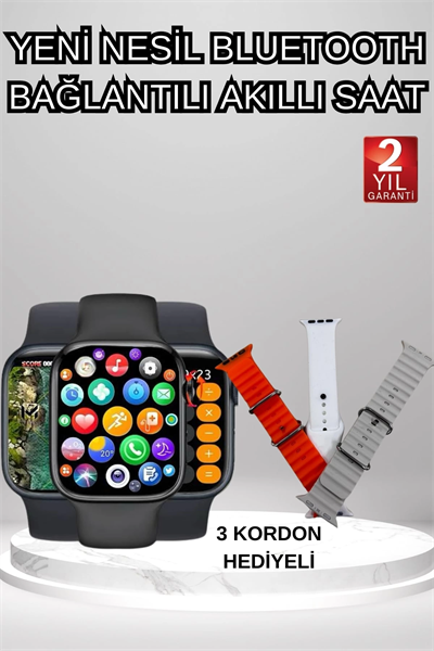 Akıllı Saat Arama Görüşme Bildirim Görme Uyku ve Sağlık Takibi Nabız Ölçer 3 Kordon Hediyeli