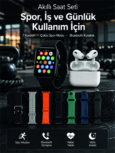 Akıllı Saat, Bluetooth Kulaklık ve 7 Farklı Kordon Tek Kutuda Günlük Kullanım ve Spor İçin