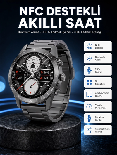 Akıllı Saat Çelik Kordon Çağrı Cevaplama Amoled Ekran Titreşimli Uyku ve Sağlık Takibi