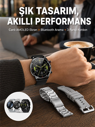 Akıllı Saat Çoklu Kordon Seçeneği Amoled Ekran Çok Fonksiyonlu Bluetooth Bağlantılı Yeni Nesil