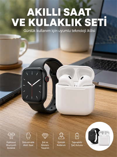 Akıllı Saat Gümüş Kasa Bluetooth Kulaklık Hediyeli Çok Fonksiyonlu İkili Set