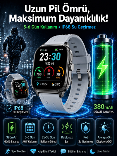 Akıllı Saat Sesli Görüşme Bluetooth Bağlantılı Kablosuz Şarj Özelliği Yeni Nesil