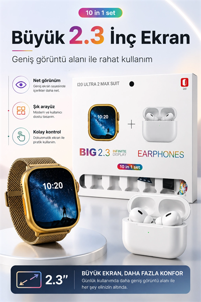 Akıllı Saat Ve Kablosuz Kulaklık Bir Arada Telefon Uyumlu Şık Hediye Seti