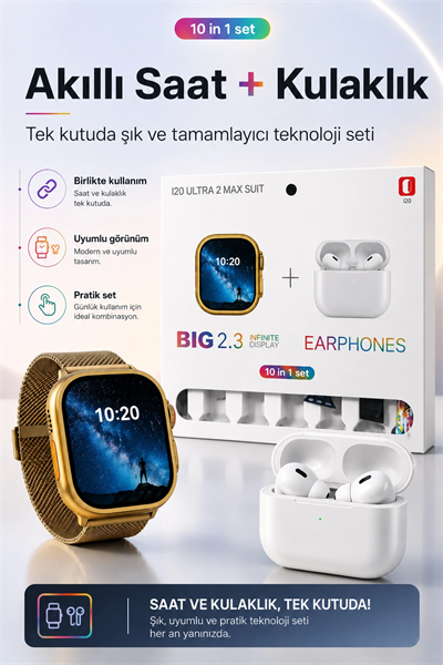 Akıllı Saat Ve Kablosuz Kulaklık Bir Arada Telefon Uyumlu Şık Hediye Seti