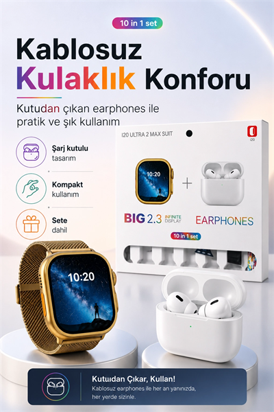 Akıllı Saat Ve Kablosuz Kulaklık Bir Arada Telefon Uyumlu Şık Hediye Seti