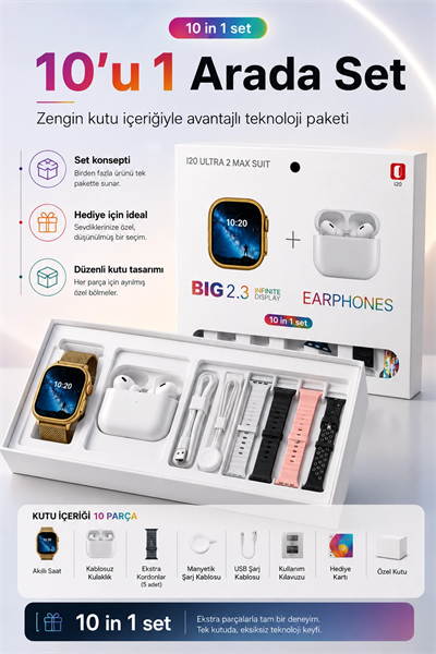 Akıllı Saat Ve Kablosuz Kulaklık Bir Arada Telefon Uyumlu Şık Hediye Seti