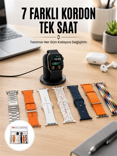 Akıllı Saat ve Air Pro Kulaklık 7 Kordonlu Çok Fonksiyonlu İkili Set Yeni Nesil