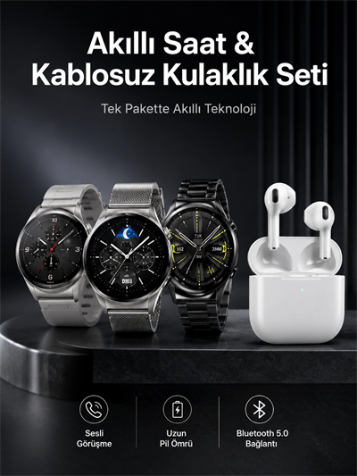Akıllı Saat ve Kulaklık Seti Dokunmatik Ekran 5.0 Bluetooth Bağlantılı Sesli Görüşme