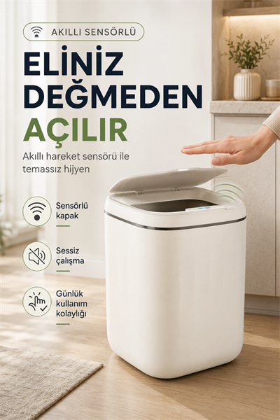 Akıllı Sensörlü 20 Litre Çöp Kovası Sessiz Kapaklı Modern Hijyenik Ev Tipi Çöp Kutusu