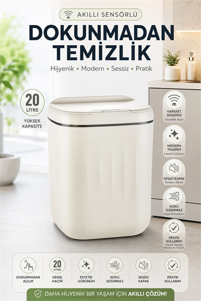 Akıllı Sensörlü 20 Litre Çöp Kovası Sessiz Kapaklı Modern Hijyenik Ev Tipi Çöp Kutusu
