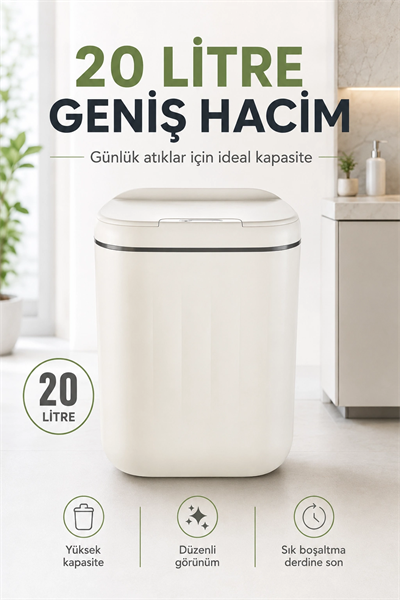 Akıllı Sensörlü 20 Litre Çöp Kovası Sessiz Kapaklı Modern Hijyenik Ev Tipi Çöp Kutusu