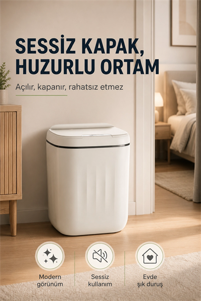 Akıllı Sensörlü 20 Litre Çöp Kovası Sessiz Kapaklı Modern Hijyenik Ev Tipi Çöp Kutusu