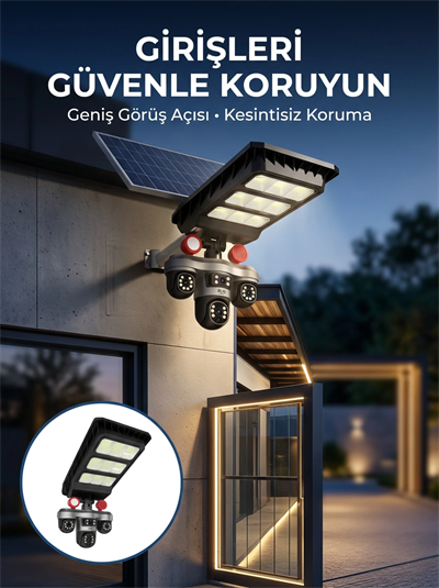 Akıllı Solar Güvenlik Kamerası 3 Lens Hareket Takip Özellikli Dış Ortam Kamera