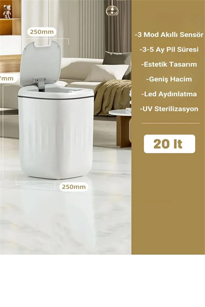 Akıllı Teknolojik Sensörlü Çöp Kovası Işık Antibakteriyel Koku Geçirmez Mutfak Banyo Wc Ofis 20l Uv