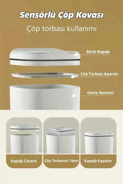 Akıllı Teknolojik Sensörlü Çöp Kovası Işık Antibakteriyel Koku Geçirmez Mutfak Banyo Wc Ofis 20l Uv