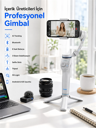 Akıllı Telefon Gimbal Sabitleyici 360° Takip Özellikli Profesyonel Video Çekim Stabilizeri