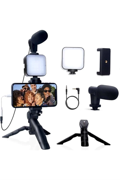 Akıllı Telefon Vlog Kiti Tripod Mini Mikrofonlu Telefon Tutucu