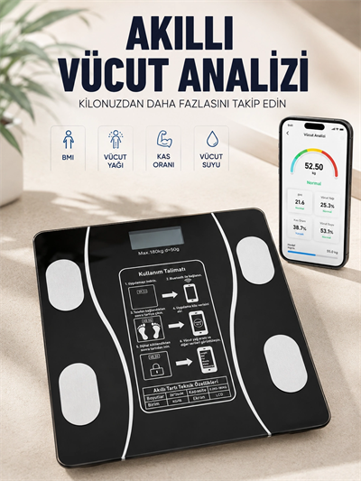 Akıllı Vücut Analiz Baskülü Bluetooth Bağlantılı 4 Sensörlü LCD Ekranlı Dijital Tartı