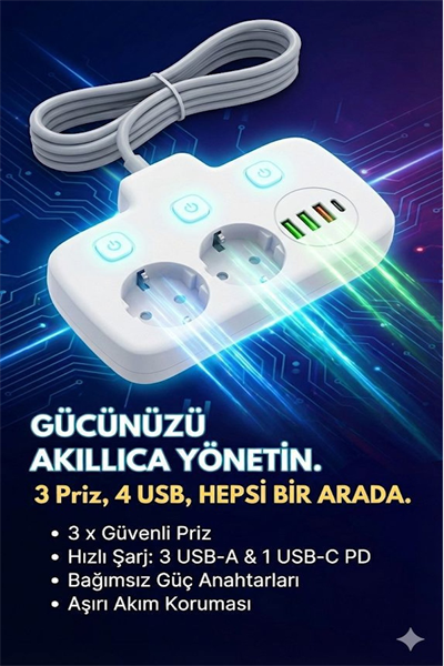 Akım Korumalı 2500W Güçlü 3 USB + Type-C Portlu Çoklu Priz | Hızlı Şarj, Çocuk Kilidi, 2 METRE