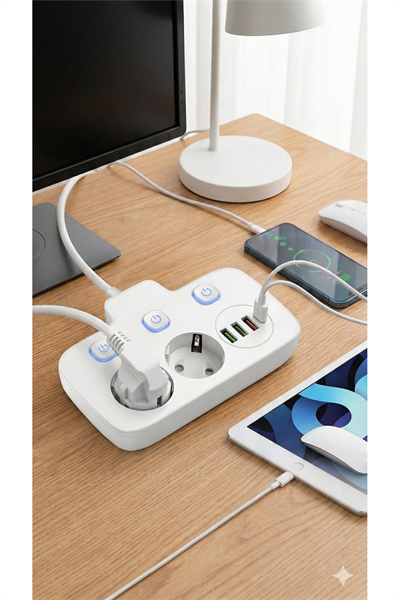 Akım Korumalı 2500W Güçlü 3 USB + Type-C Portlu Çoklu Priz | Hızlı Şarj, Çocuk Kilidi, 2 METRE