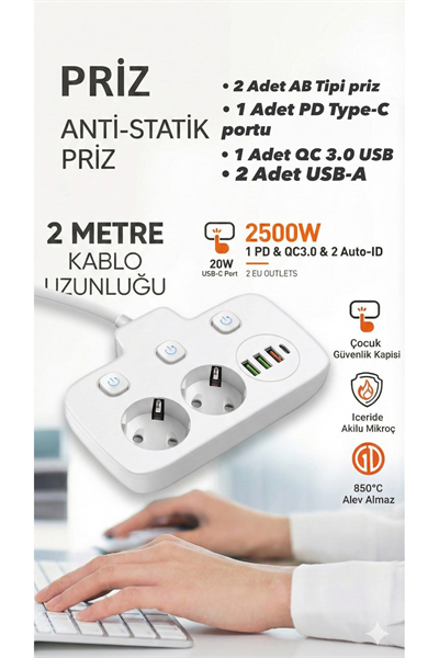 Akım Korumalı 2500W Güçlü 3 USB + Type-C Portlu Çoklu Priz | Hızlı Şarj, Çocuk Kilidi, 2 METRE