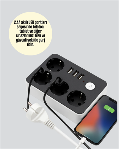 Akım Korumalı 3 USB Portlu 4’lü Priz 4.1A Hızlı Şarj