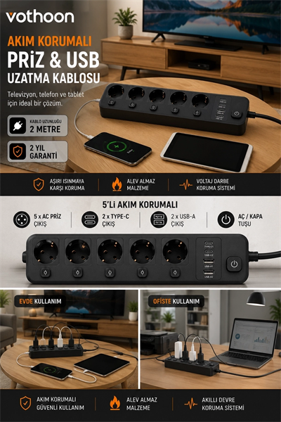 Akım Korumalı 5’li Priz 2xusb 2xtype-c Çıkış Akım Koruma Çoklu Priz Çoğaltıcı Anahtarlı Ftr-31 Siyah