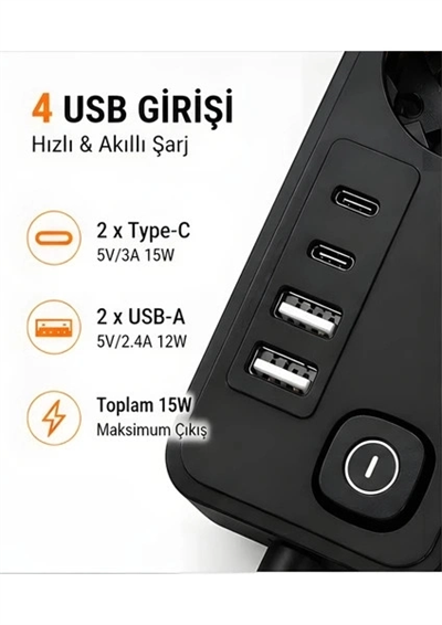 Akım Korumalı 5’li Priz 2xusb 2xtype-c Çıkış Akım Koruma Çoklu Priz Çoğaltıcı Anahtarlı Ftr-31 Siyah