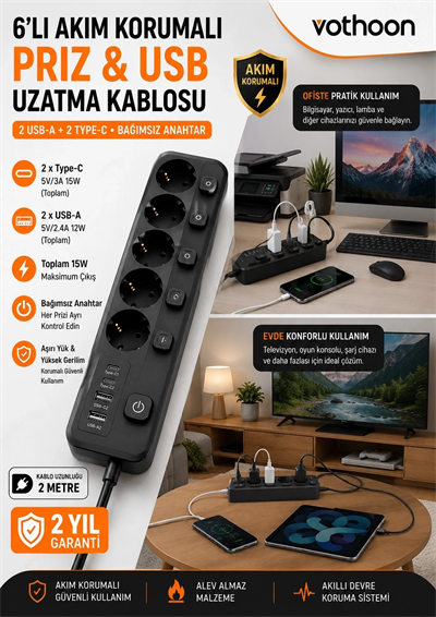 Akım Korumalı 5’li Priz 2xusb 2xtype-c Çıkış Akım Koruma Çoklu Priz Çoğaltıcı Anahtarlı Ftr-31 Siyah
