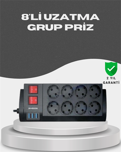 Akım Korumalı 8’li Priz 3 USB’li Uzatma Kablosu Isıya Dayanıklı 2 Metre