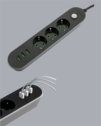 Akım Korumalı Anahtarlı USB Girişli Üçlü Priz