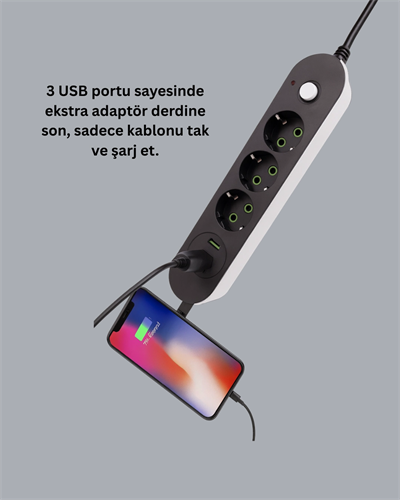 Akım Korumalı Anahtarlı USB Girişli Üçlü Priz