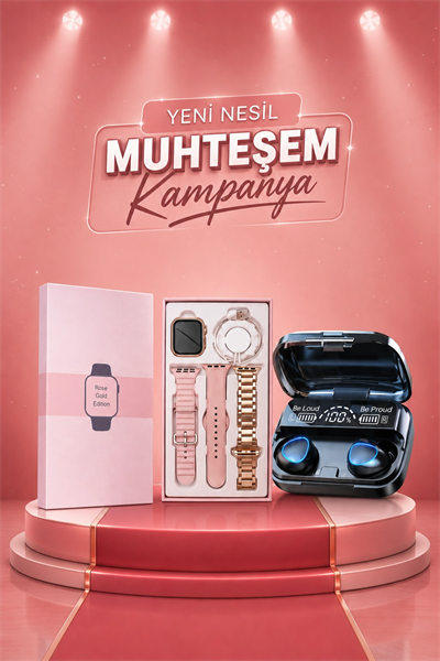 Aksesuar Hediyeli Akıllı Saat ve Dijital Göstergeli Powerbankli Bluetooth Kulaklık