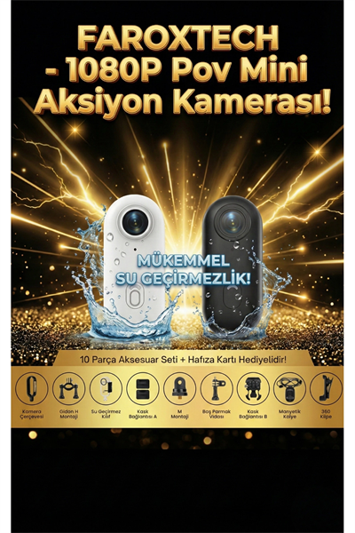 Aksiyon Kamerası - Renk: Siyah, Çözünürlük: 1920 x 1080, Özellik: Su Geçirmez, Su Geçirmezlik: 20 m