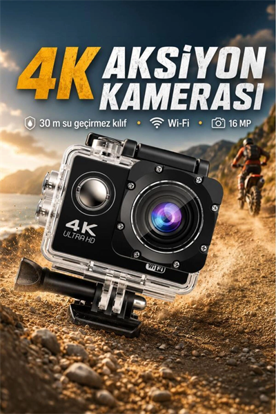Aksiyon kamerası 4K çözünürlük wifi su geçirmez 3 ATM hafıza kartı desteği siyah
