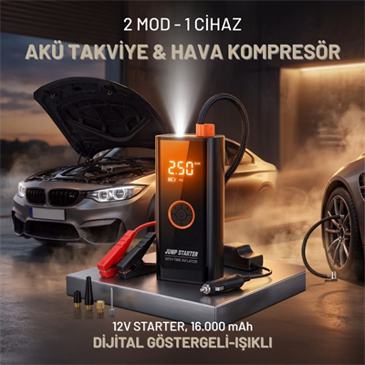 Akü Takviye Cihazı Ve Lastik Şişirme Pompası – Powerbank Özellikli, Dijital Ekranlı Sos Fenerli Taşınabilir Kompresör Bx40