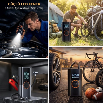 Akü Takviye Cihazı Ve Lastik Şişirme Pompası – Powerbank Özellikli, Dijital Ekranlı Sos Fenerli Taşınabilir Kompresör Bx40