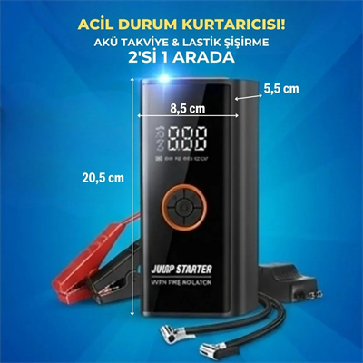 Akü Takviye Cihazı Ve Lastik Şişirme Pompası – Powerbank Özellikli, Dijital Ekranlı Sos Fenerli Taşınabilir Kompresör Bx40