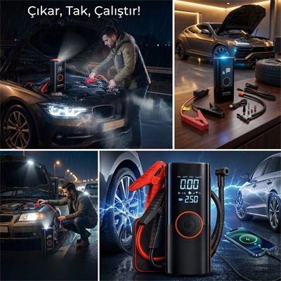 Akü Takviye Cihazı Ve Lastik Şişirme Pompası – Powerbank Özellikli, Dijital Ekranlı Sos Fenerli Taşınabilir Kompresör Bx40